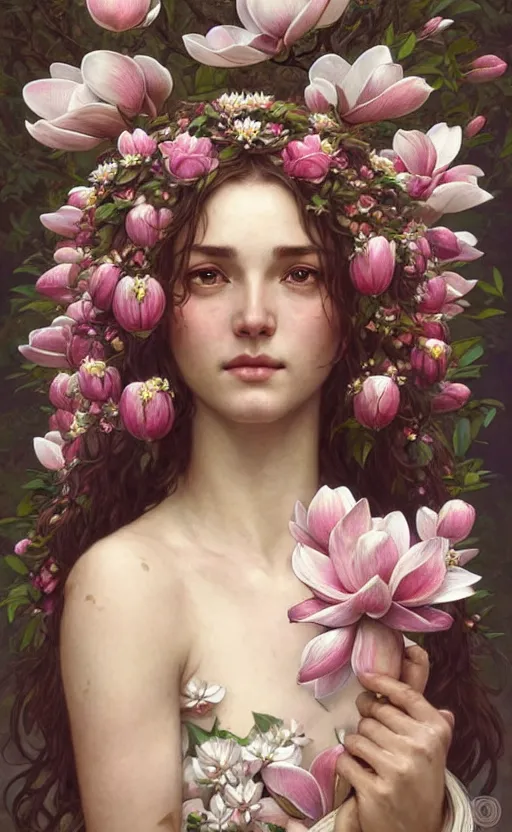 Image similar to portrait of a goddess of magnolia! covered in flowers!, half body, perfect face!!, d & d, fantasy, intricate, elegant, highly detailed, digital painting, artstation, concept art, smooth, sharp focus, illustration, art by artgerm and greg rutkowski and alphonse mucha