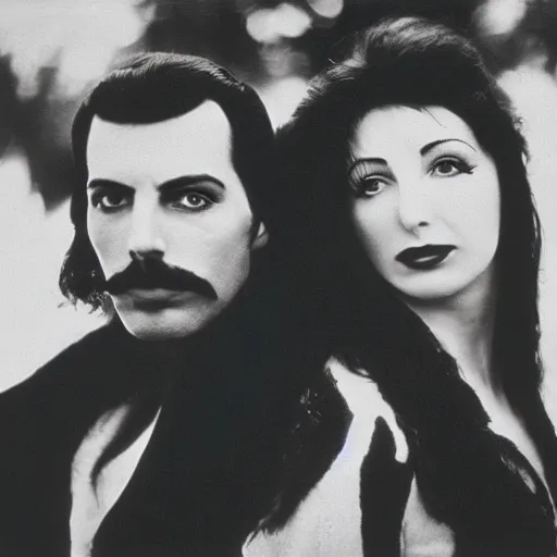 Prompt: medium long shot, 3 / 4 shot, full body, of freddie mercury and kate bush posing, sharp eyes, serious expressions, detailed, black and white, sharp, dreamy, misty woods, epic photo by talented photographer diane arbus