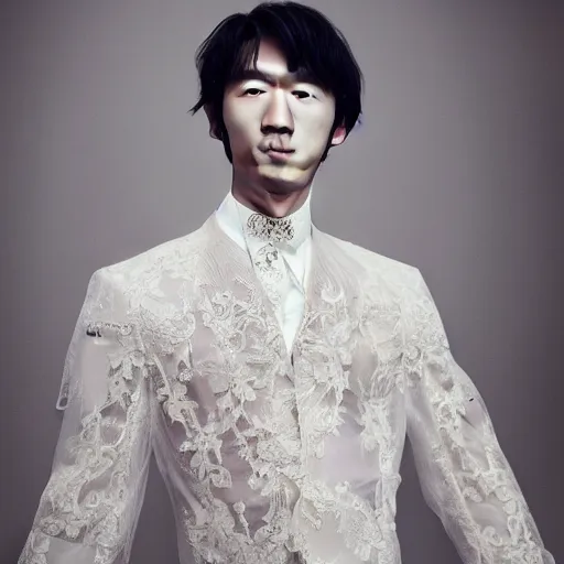 Image similar to a beautiful young korean male wearing a translucid lace wedding gown designed by alexander mcqueen, photographed by andrew thomas huang for a fashion editorial ,