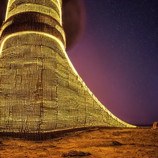 Prompt: a photo of an alien lighthouse covered in scales, lit by an eerie background glow