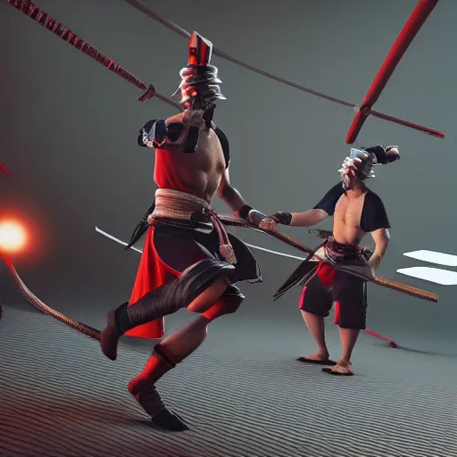 Image similar to 8 k hd detailed octane render of a samurai training session