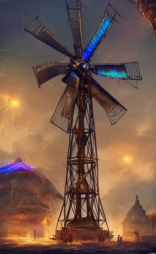 Prompt: a steampunk windmill, robot, blue fire, ash rain, electricity lightning, concept art, sharp focus, intricate details, highly detailed, disney pixar, octane render, iridescent, anime, 8 k, bokeh