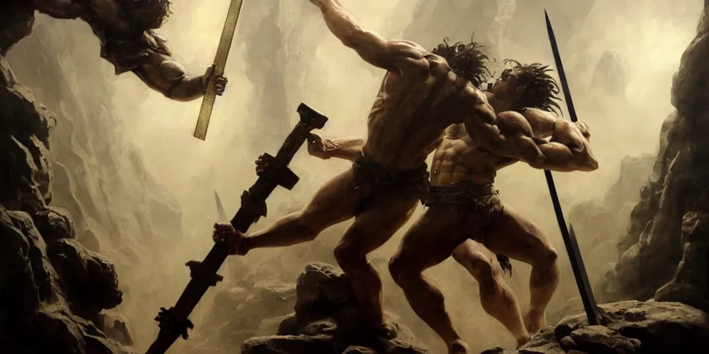 Image similar to realistic painting of biblical Cain stabbing Abel in the chest with the holy lance in front of a stone altar with white smoke ascending, masculine and rugged, inspired art by Frazetta + facial symmetry + dramatic volumetric lighting, 8k octane render, intricate, epic composition, grim yet sparkling atmosphere, cinematic lighting + masterpiece, trending on artstation, very detailed, masterpiece, stunning