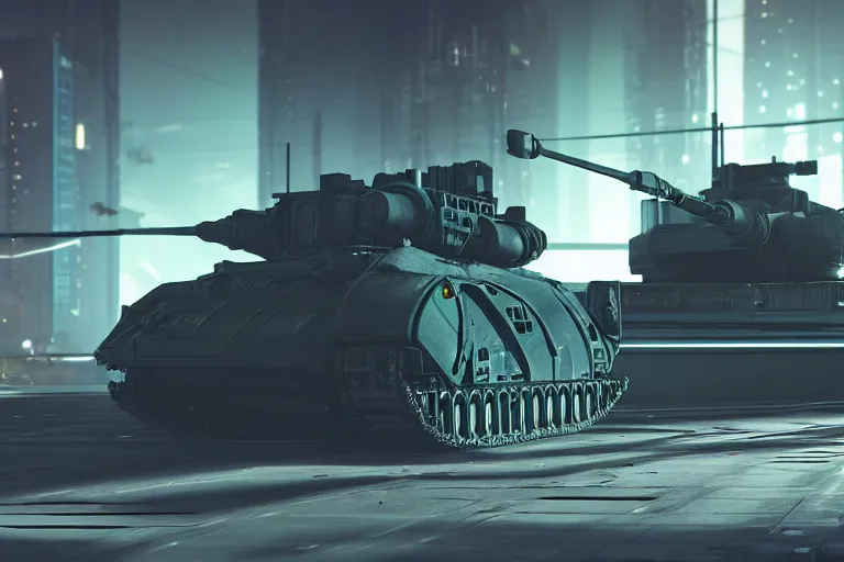 Image similar to cyberpunk concept inspired tank, futuristic look, highly detailed body, very powerful, photorealistic camera shot, bright studio setting, studio lighting, crisp quality and light reflections, unreal engine 5 quality render