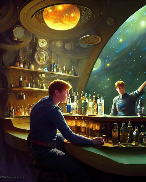 Image similar to medium - shot vislor turlough played by mark strickson at age 1 8, beautiful, at the alien space pub bar counter, highly detailed, mood lighting, artstation, highly detailed digital painting, smooth, global illumination, fantasy art by greg rutkowsky, karl spitzweg, leyendecker