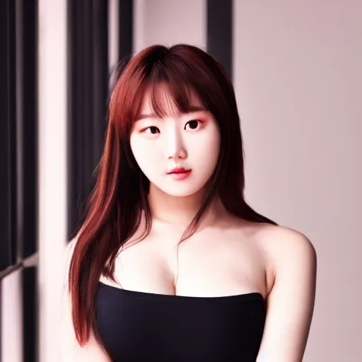 Image similar to jyp the asiansoul. curvaceous beautiful female body. demure feminine pose. soft features.