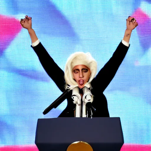 Image similar to Lady Gaga as president, Argentina presidential rally, Argentine flags behind, bokeh, giving a speech, detailed face, Argentina