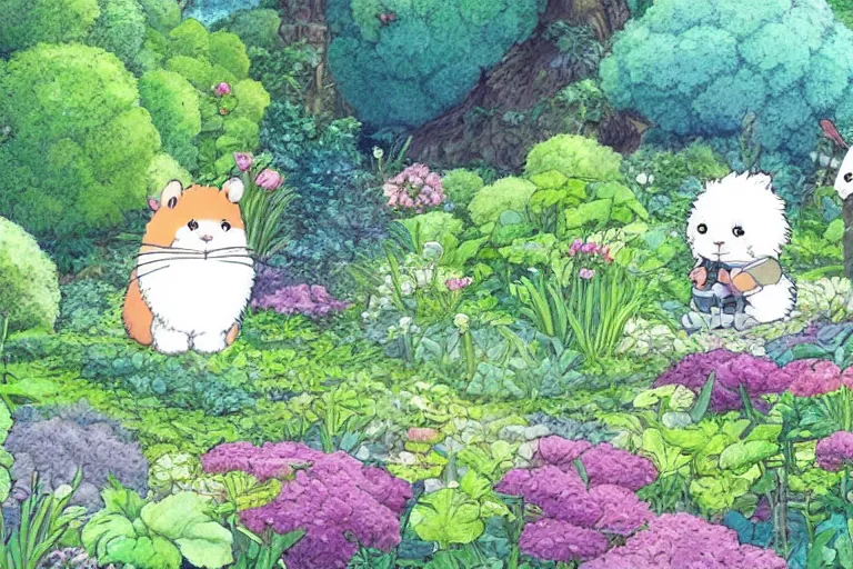 Image similar to cute fluffy creatures in the cabbage garden by studio ghibli, very high detail, 4k