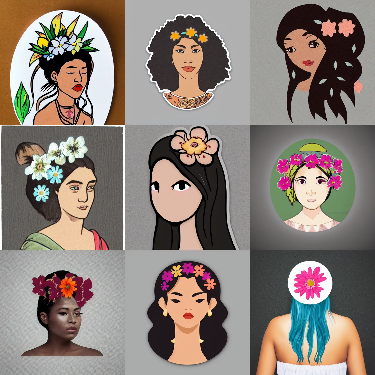 Prompt: catroon sticker of hawian woman with flower in her hair with white border on gray background