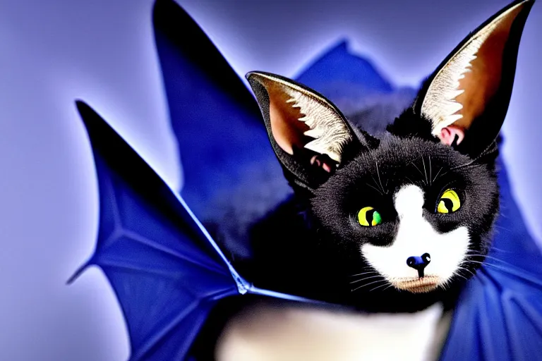 Prompt: a blue - and - black male heterochromatic catbat fursona with blue / green heterochromatic eyes ( differently - colored eyes, one green, one blue ) and huge bat ears, photo of the catbat streaming on his computer