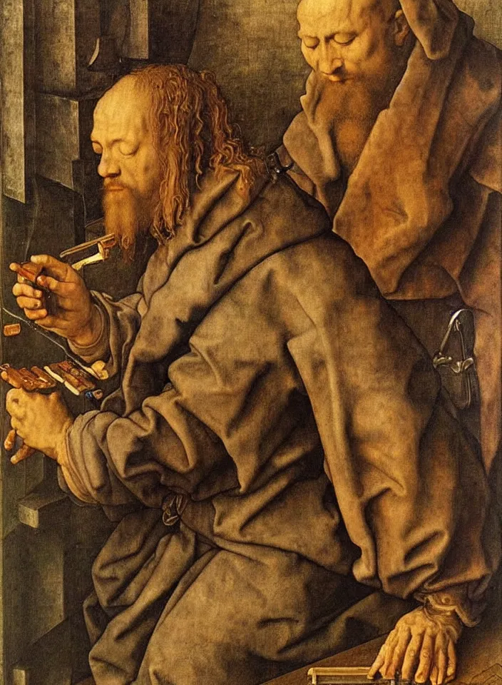 Prompt: Man playing video games. Painting by Albrecht Dürer. Intricate details. hyper realism. Masterpiece.