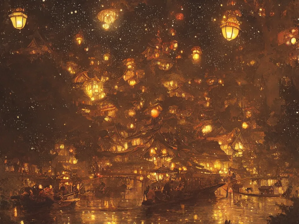 Image similar to view from the river of a beautiful painting of the lantern festival in a an ancient japanese town, at night with a sky full of stars, intricate, elegant, highly detailed, digital painting, artstation, concept art, by krenz cushart and artem demura and alphonse mucha