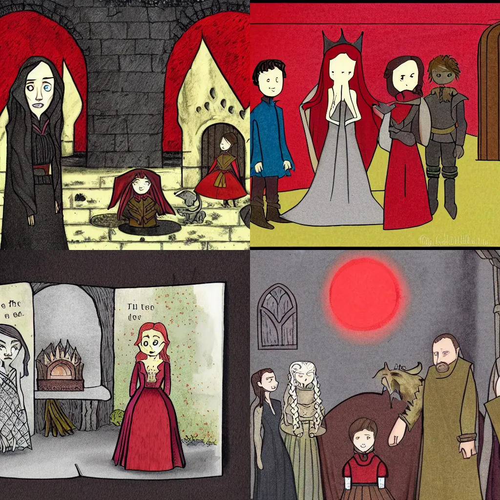 Prompt: the red wedding from Game of Thrones depicted in a children's book illustration