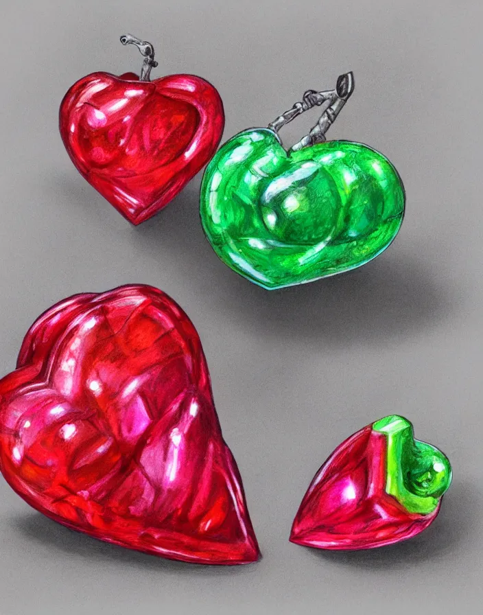 Image similar to transparent crystal gum gum fruit with a ruby shaped like a heart inside the devil fruit, spectacular quality, intricate oil pastel glow, dynamic lighting, photorealistic, ultra detailed, trending on art station