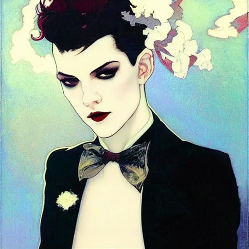 Image similar to alluring portrait of androgynous ruby rose as desire from sandman in a white tuxedo!!!, rockabilly style,, by alphonse mucha, by jeremy mann, by peter lindbergh, dave mckean, by frank moth, white suit and black tie, soft lightning, high detailed, 8 k