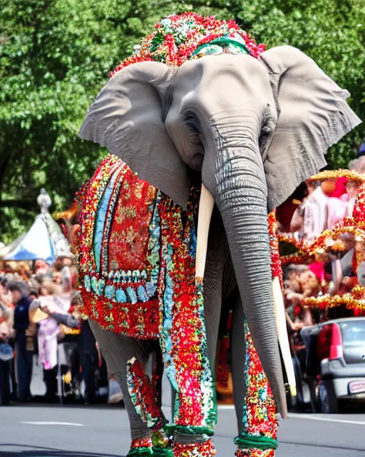Prompt: a great decorated elephant walking in a parade