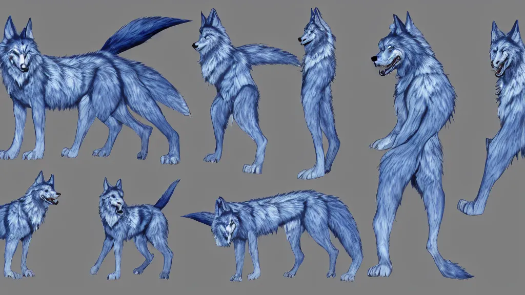 Image similar to a fantasy giant blue wolf with white tribal paint character design sheet, trending on artstation