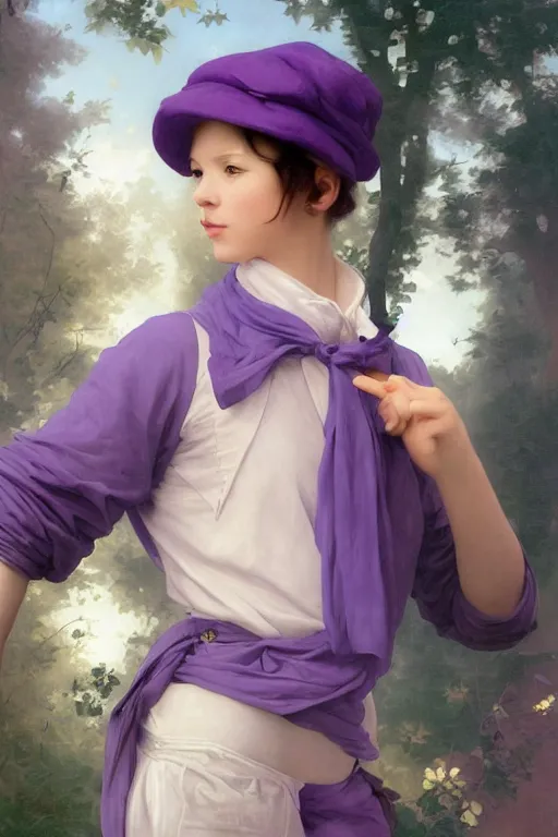 Prompt: Full View girl with short blond hair wearing an oversized purple Beret, Baggy Purple overall shorts, Short Puffy pants made of silk, silk shoes, a big billowy scarf, Golden Ribbon, and white leggings Covered in stars. Short Hair. masterpiece 4k digital illustration by Ruan Jia and Mandy Jurgens and Artgerm and william-adolphe bouguereau, award winning, Artstation, art nouveau aesthetic, Alphonse Mucha background, intricate details, realistic, panoramic view, Hyperdetailed, 8k resolution, intricate art nouveau