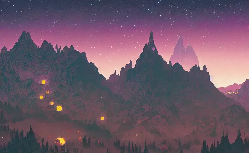 Prompt: mountains, stars and paisley filled sky, artstation, intricate, highly detailed, digital painting, concept art, sharp focus, illustration by Simon Stalenhag and Alphonse Mucha