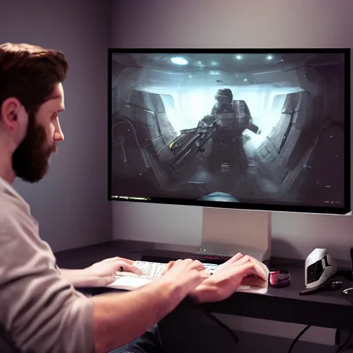 Image similar to realistic man using pc in gaming room, artstation trends, sci fi concept art, highly detailed, intricate, sharp focus, digital art, 8 k