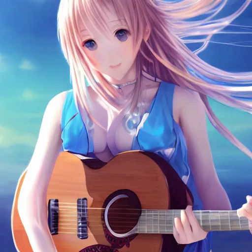 Prompt: a very beautiful little yuuki asuna playing guitar, full body, long wavy blond hair, sky blue eyes, full round face,, bikini, miniskirt, front view, mid - shot, highly detailed, cinematic wallpaper by stanley artgerm lau