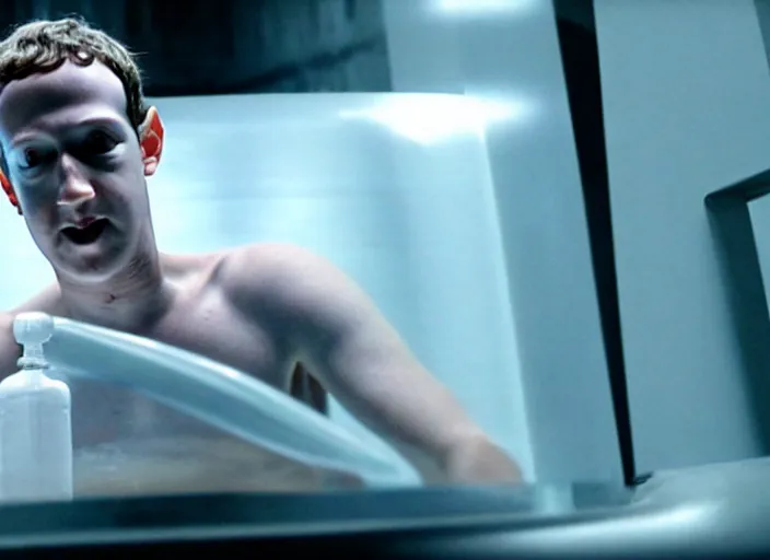 Image similar to film still of mark zuckerberg floating in a tank of milky fluid as a precog in minority report movie, 8 k