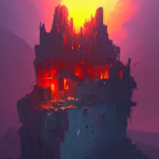 Image similar to concept art of a post - apocalyptic ruined monastery at the top of a mountain, grimy, gritty, trending on artstation, award winning painting, cgi, art by anton fadeev and john howe and guy denning and john harris