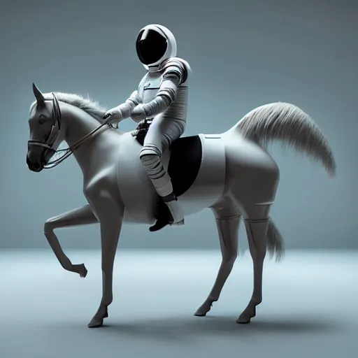 Image similar to hyperrealism aesthetic photography computer simulation visualisation in araki nobuyoshi style of parallel universe movie scene with detailed stylish neofuturistic horse riding on a astronaut and wearing neorofuturistic sci - fi laboratory uniform designed by josan gonzalez. hyperrealism photo on pentax 6 7, by giorgio de chirico volumetric natural light rendered in blender