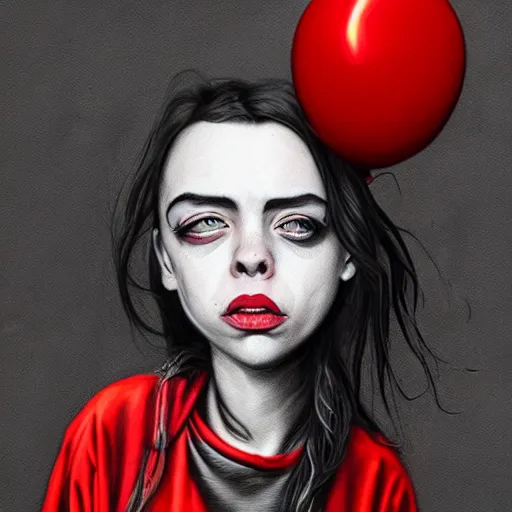 Image similar to surrealism grunge cartoon portrait sketch of billie eilish with a wide smile and a red balloon by - michael karcz, loony toons style, batman style, horror theme, detailed, elegant, intricate
