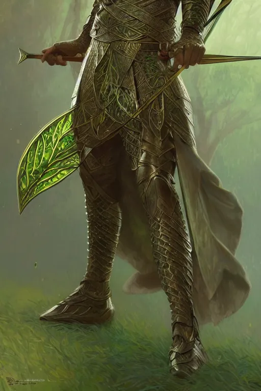 Image similar to male elven Archer armor made of green leaves, fantasy, amber eyes, face, long hair, intricate, elegant, highly detailed, digital painting, artstation, concept art, smooth, sharp focus, illustration, art by artgerm and greg rutkowski and alphonse mucha