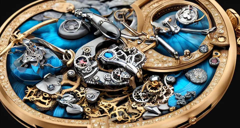 Image similar to a steampunk sleek, jewelled, tropical bird repeater watch by Jaquet Droz, highly detailed illustration highlights, gold and silver highlights, neon blue highlights, macro photography, F/2.8, trending on artstation, octane render