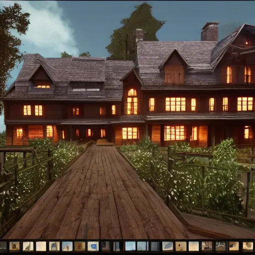 Image similar to Peaceful wooden mansion, unreal engine 5 tech demo, Asher Duran