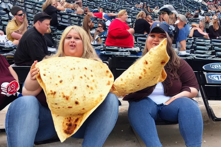 Image similar to obese woman eating a giant burrito sitting at a baseball game, photograph,