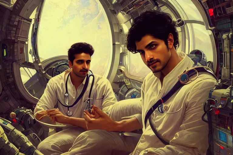 Image similar to Pensive good looking pale young Indian doctors wearing jeans in a space station above Earth, portrait, elegant, intricate, digital painting, artstation, concept art, smooth, sharp focus, illustration, art by artgerm and greg rutkowski and alphonse mucha