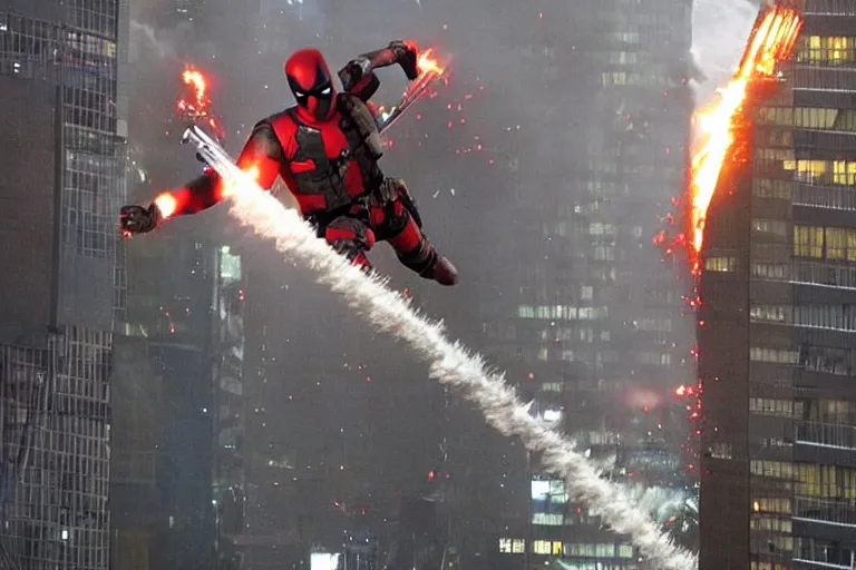 Image similar to militarily helicopter firing missiles and Deadpool leaps off smashes through high rise window, explosions, by Michael Bay