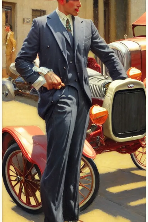 Image similar to attractive man standing in a 1 9 3 0 s suit near a ford model t, glossy oil painting by gaston bussiere, craig mullins, j. c. leyendecker, tom of finland