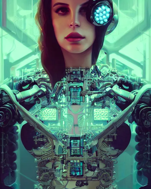 Image similar to portrait of lana del rey as a cyberpunk cyborg. roses, sci - fi, intricate abstract upper body intricate artwork, by tooth wu, wlop, beeple, dan mumford. concept art, octane render, deviantart, greg rutkowski, cinematic arthouse, key art, hyper realism, iridescent accents