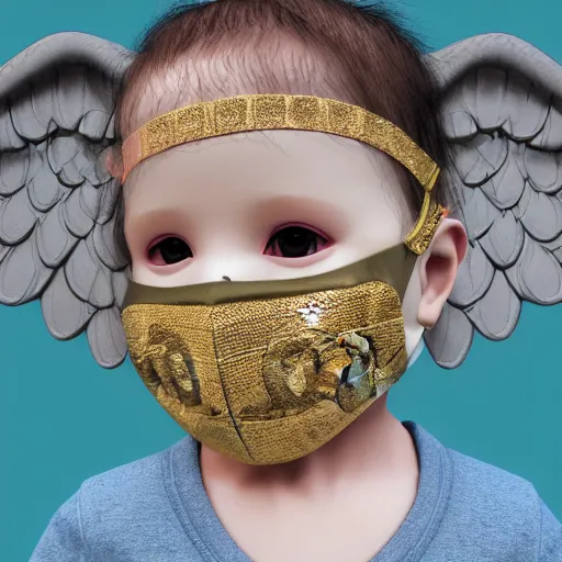 Image similar to a high tech 3 d rendering of a a baby cherub angel wearing a balaclava face mask, ski mask, face covered, covered face, fixed eyes, gucci, supreme, chanel, tattoos, multiple gold cuban chain necklace, graffiti in background, cinema 4 d, very detailed, clear, render