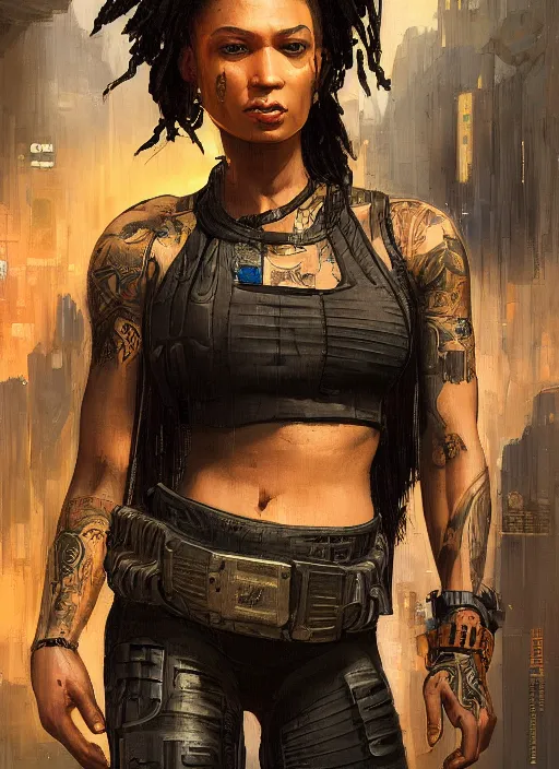 Image similar to maria igwe. cyberpunk mercenary with tattoos wearing a military vest and combat jumpsuit. (Cyberpunk 2077, bladerunner 2049). Iranian orientalist portrait by john william waterhouse and Edwin Longsden Long and Theodore Ralli and Nasreddine Dinet, oil on canvas. Cinematic, hyper realism, realistic proportions, dramatic lighting, high detail 4k