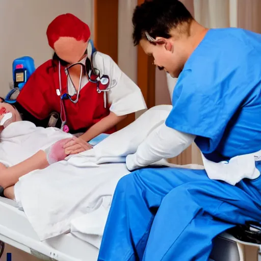 Image similar to nurse taking care of a patient who is a clown who is in restraints in a hospital bed