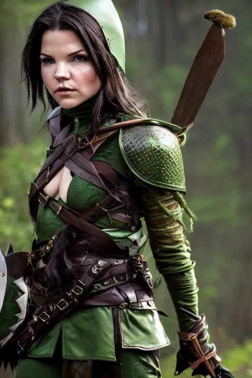 Prompt: fantasy character photo. female ranger. danielle campbell. facial expression of manic obsessive love. tall, lanky, athletic, wiry. brown & dark forestgreen leather armor. crooked little feathered hat, lightgreen, worn at jaunty angle. black hair in ponytail. bright blue eyes. consulting in secret with an unseen, shadowy informant