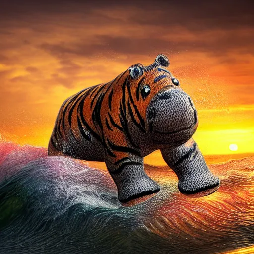 Image similar to a closeup photorealistic photograph of a cute smiling knitted tiger hippopotamus riding a wave at sunset. surf in background. professional capture. brightly lit scene. this 4 k hd image is trending on artstation, featured on behance, well - rendered, extra crisp, features intricate detail, epic composition and the style of unreal engine.