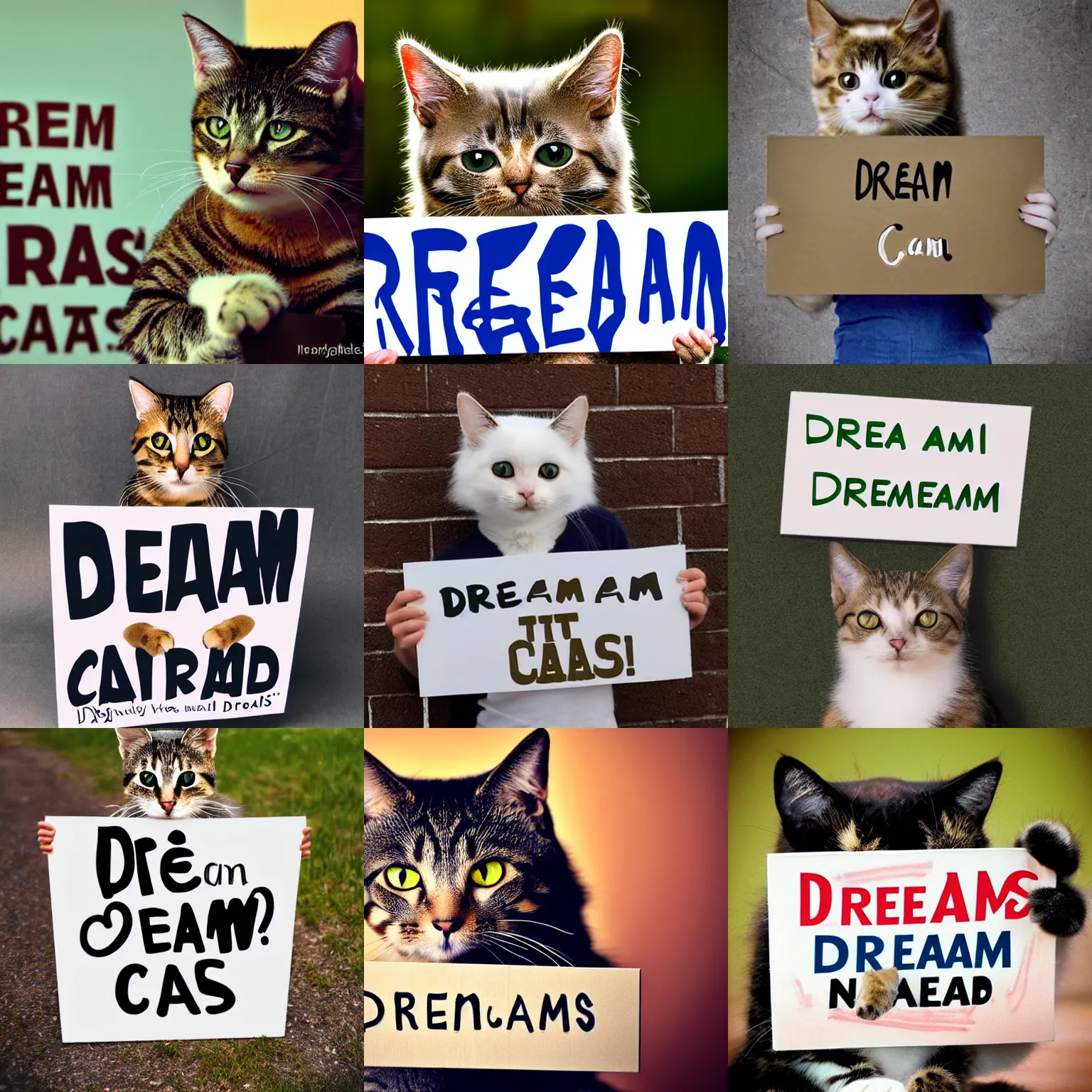 Image similar to realistic high quality photo of a cute cat holding a sign with text that reads : dream cats