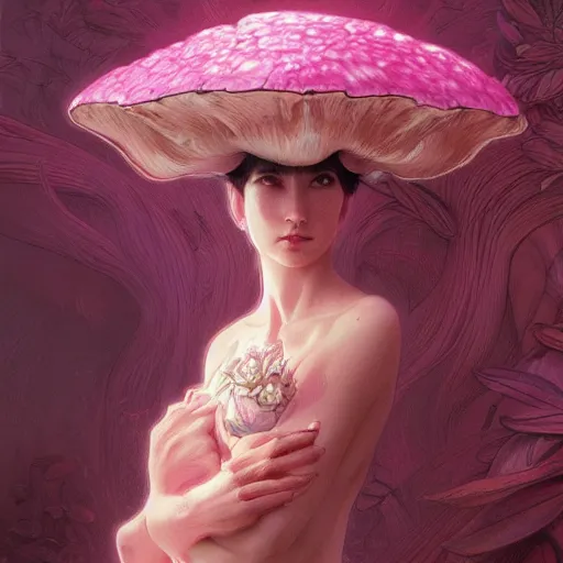 Image similar to Pink cat mushroom, intricate, highly detailed, digital painting, artstation, concept art, smooth, sharp focus, illustration, Unreal Engine 5, 8K, art by artgerm and greg rutkowski and alphonse mucha