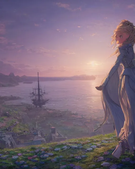 Image similar to over the shoulder landscape painting of violet evergarden, behind her is a distant old european city leiden from violet evergarden next to the reflecting ocean, ocean, sunset, by Philipp A. Urlich and Pengzhen Zhang and Andreas Rocha, fantasy, intricate, elegant, highly detailed, digital painting, artstation, blender, unreal engine 5, octane render, smooth, sharp focus, illustration