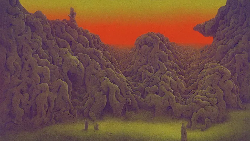 Image similar to scary landscape, surrealism, bright color pallet, painted by zdzisław beksinski