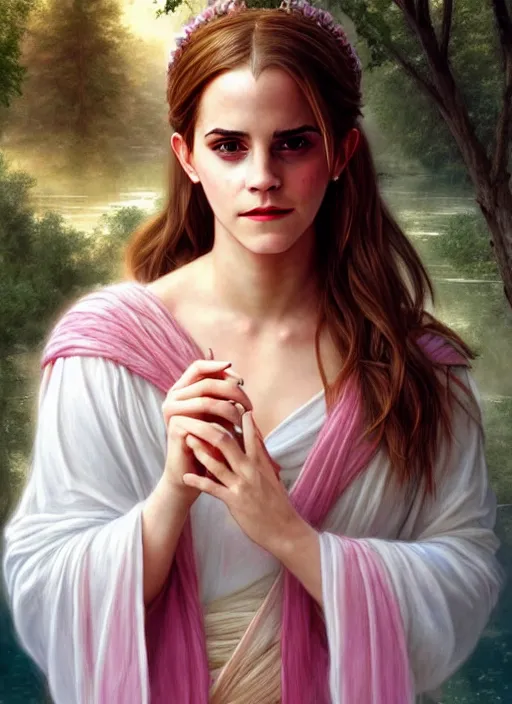 Image similar to emma watson as magic healer goddess, long hair, white and pink cloth, lake in the forest, D&D, shiny background, intricate, elegant, highly detailed, digital painting, artstation, concept art, smooth, sharp focus, illustration, artgerm, bouguereau