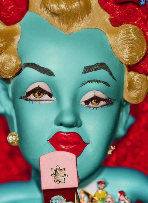 Image similar to closeup face profile portrait of tin toy marilyn monroe as a fairytale princess wearing a crown eating cakes, bikini, depth of field, zeiss lens, detailed, symmetrical, centered, fashion photoshoot, by nicoletta ceccoli, mark ryden, lostfish, breathtaking, 8 k resolution, extremely detailed, beautiful, establishing shot, artistic, hyperrealistic, octane render