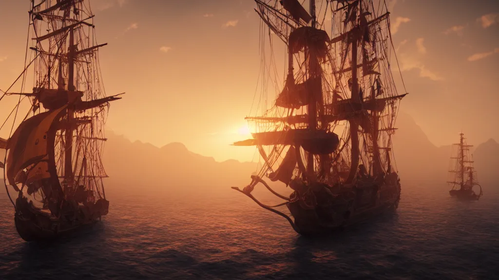 Image similar to a pirate ship, low angle, cinematic, golden hour, artstation, hd, mist