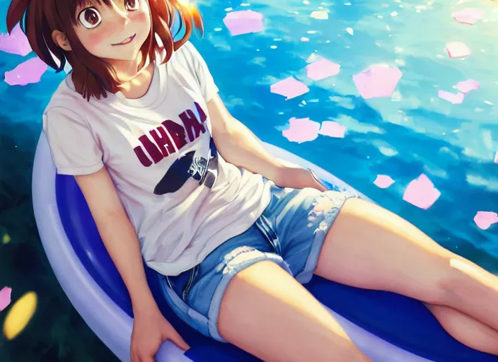 Image similar to closeup portrait of ochaco uraraka from my hero academia relaxing in jeans and a t - shirt on a floating pool chair, sunny, bright, reflections, intricate, sharp focus, lens flare, bloom, illustration, highly detailed, digital painting, concept art, matte, art by ruan jia and wlop and greg rutkowski, masterpiece